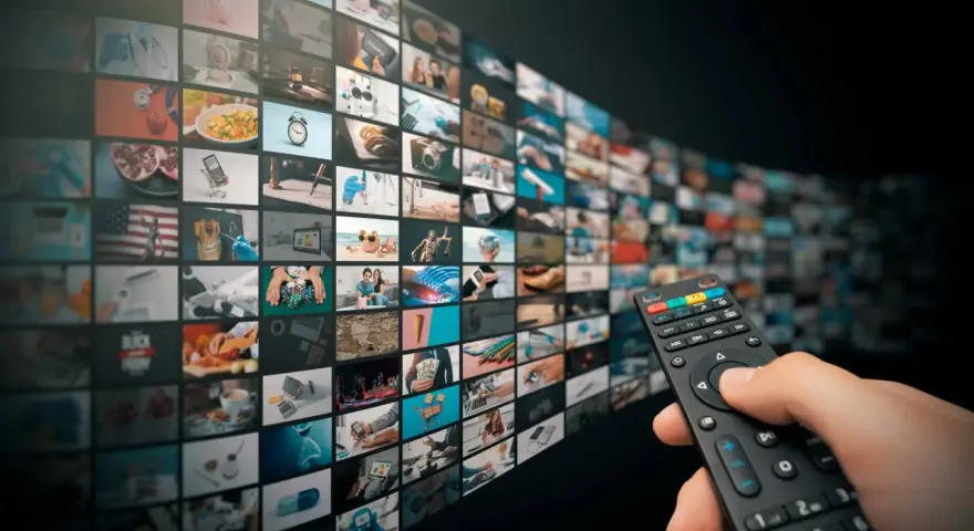Un telecomando seleziona contenuti da un muro di schermi, offrendo un'ampia scelta di video on demand.