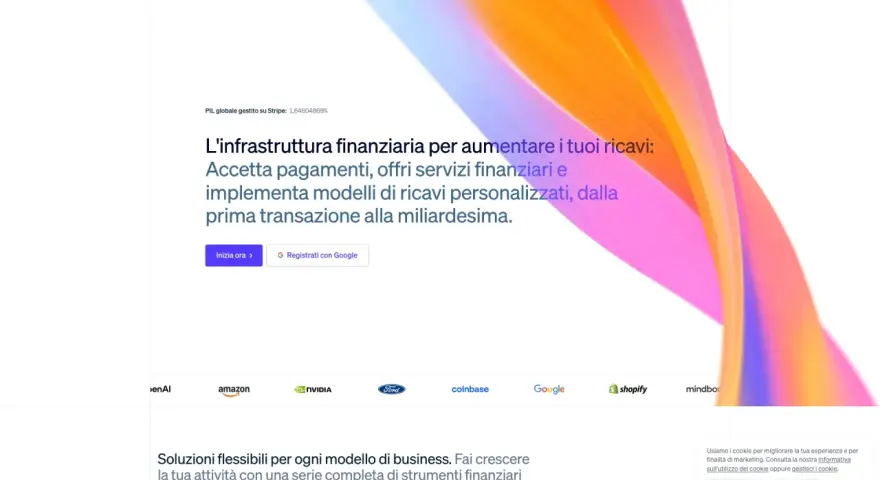 Stripe: infrastruttura finanziaria per aumentare ricavi. Il cta significato è "Inizia ora", per accettare pagamenti e offrire servizi.