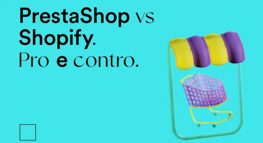 Confronto tra PrestaShop e Shopify: pro e contro. Un carrello della spesa stilizzato su sfondo turchese.