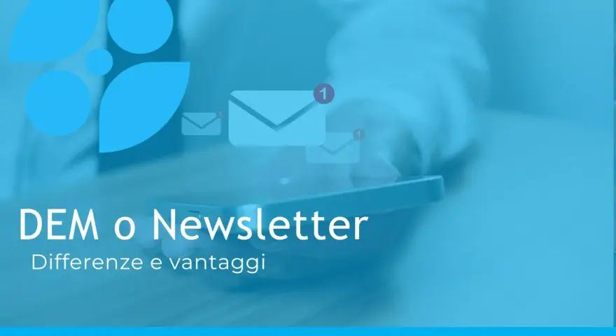 DEM, acronimo di Direct Email Marketing, confrontato con le newsletter. Icone di buste con notifiche.