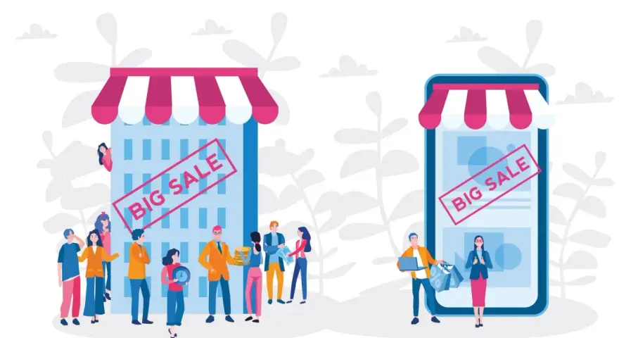 Un negozio fisico e uno virtuale, entrambi con "BIG SALE". Il **click and mortar** unisce il meglio dei due mondi.