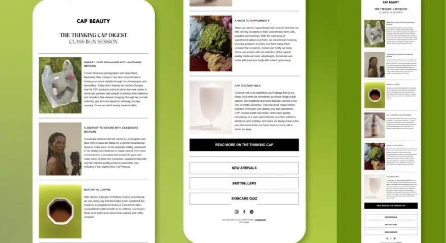 Newsletter di Shopify con articoli su bellezza, integratori e latte di cocco.