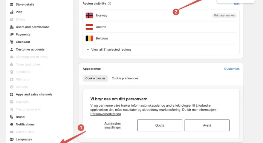 Impostazioni del **shopify cookie banner** per la privacy dei clienti, con opzioni per Norvegia, Austria, Belgio e altro.