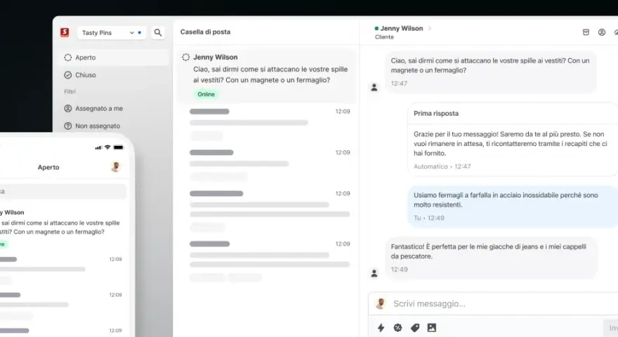 Interfaccia di chat di Shopify con conversazione cliente-venditore su spille magnetiche.