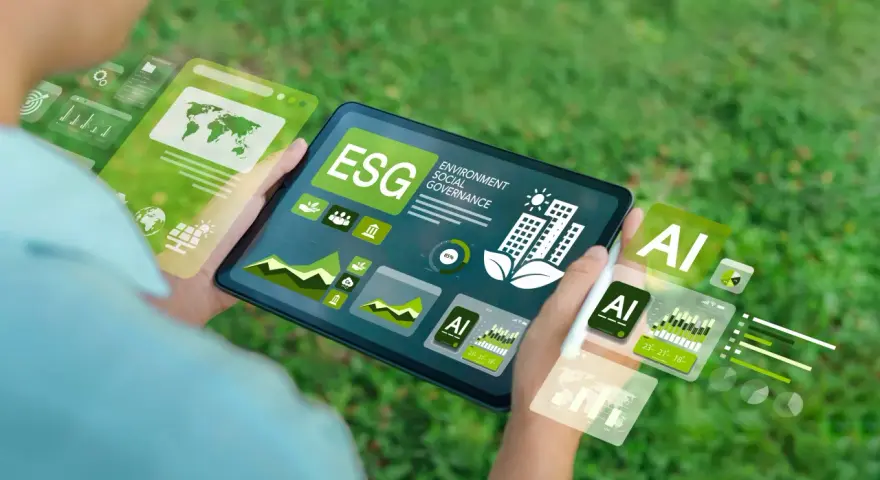 Schermo di un tablet con grafici ESG e AI, che illustra il significato di innovazione sostenibile e tecnologica.