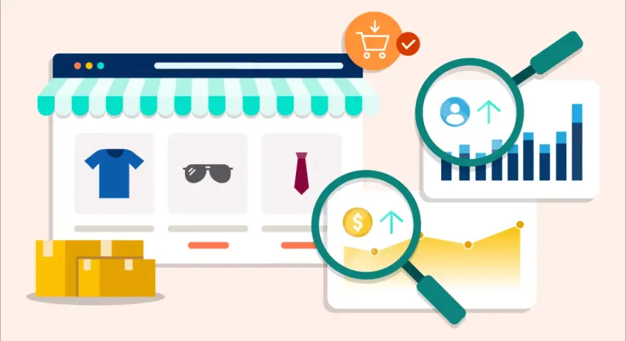 Un negozio online con prodotti, pacchi e grafici analizzati da lenti d'ingrandimento. Capire cos'è un blog per il successo online.