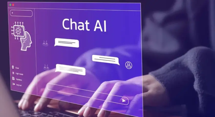 Interfaccia di un tool intelligenza artificiale "Chat AI" con bolle di dialogo e un'icona di testa stilizzata.