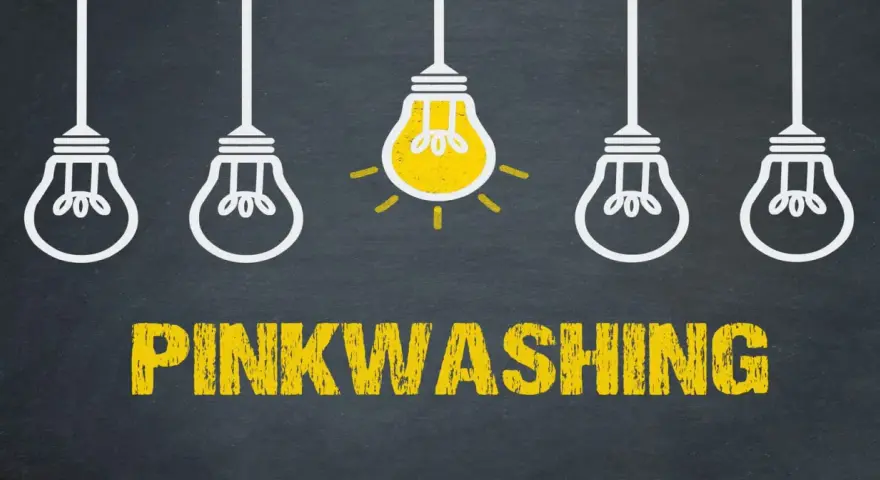 Cinque lampadine, una accesa, su sfondo scuro. Sotto, la scritta "PINKWASHING" in giallo.