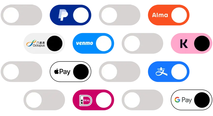 Interruttori per diverse icone pagamenti: PayPal, Octopus, Venmo, Alma, Apple Pay, Google Pay e altri.