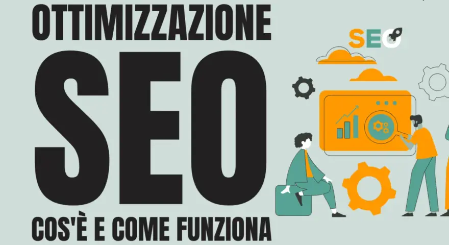 Ottimizzazione SEO: scopri cos'è e come funziona. Grafica con persone che analizzano dati e ingranaggi, simbolo di crescita e strategia.