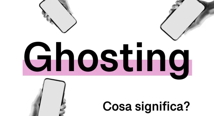 Il ghosting è una forma di violenza psicologica che lascia senza parole. Mani con smartphone circondano la parola "Ghosting".
