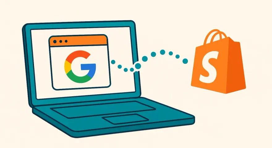 Un laptop con il logo Google mostra dati che fluiscono verso un sacchetto arancione con la S di Shopify, suggerendo l'ottimizzazione del **shopify sitemap** per la ricerca.