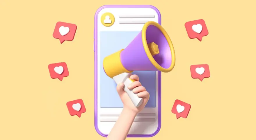 Mano con megafono su smartphone, circondata da cuori, per comunicare il blastare significato di un successo virale.