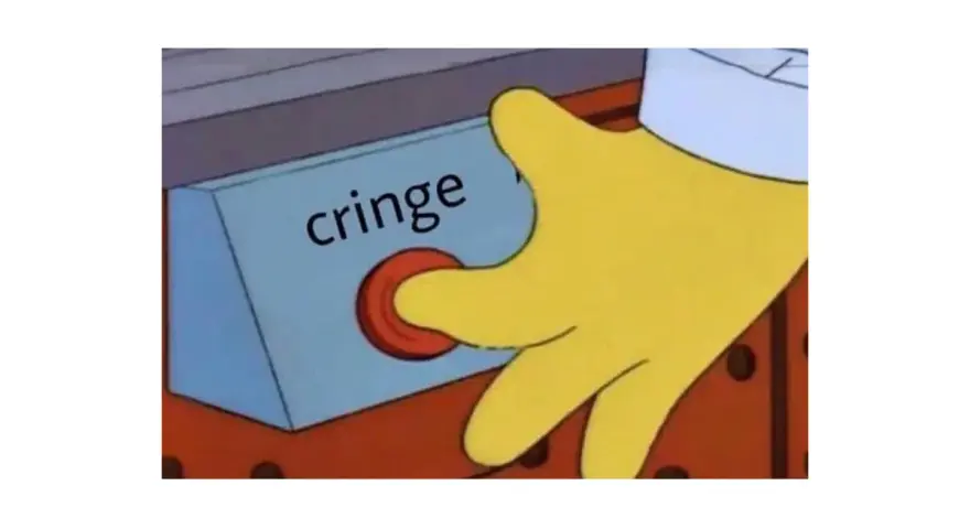 Mano gialla preme il pulsante "cringe". Un classico meme per descrivere momenti imbarazzanti.
