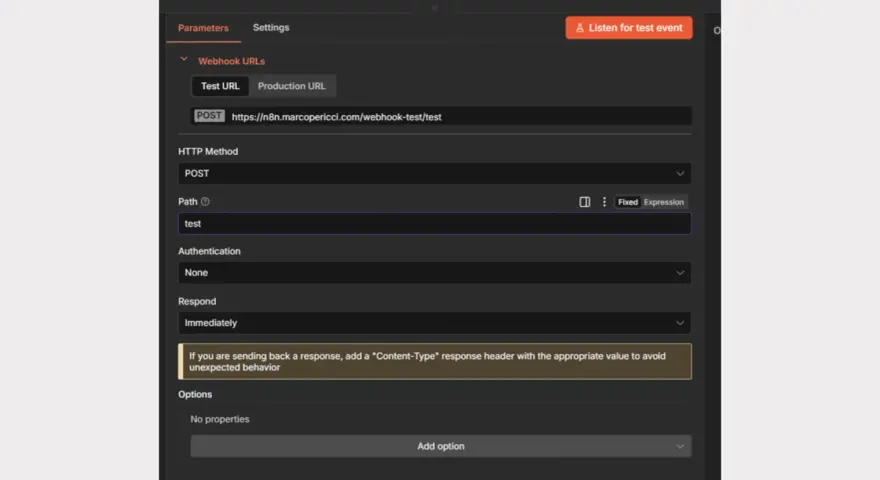 Configurazione webhook per un test. Il percorso è impostato su "test" per la richiesta POST.