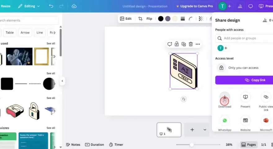 Interfaccia di Canva con un elemento grafico "AI TEXT" selezionato. Le immagini di Canva hanno copyright.