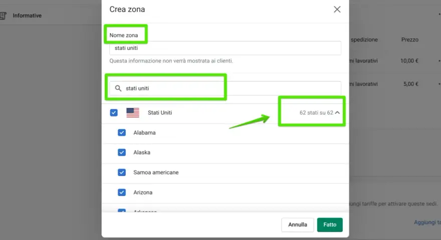 Configurazione spedizione Shopify: selezione "Stati Uniti" come zona, con 62 stati su 62 inclusi.