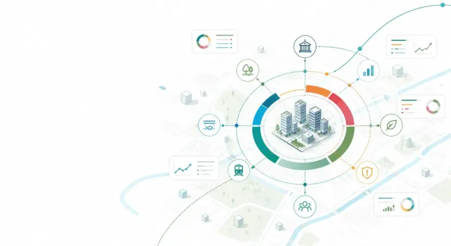 Illustrazione di una città con icone che rappresentano dati, ambiente, trasporti e comunità, suggerendo il content repurposing di informazioni per una visione olistica.