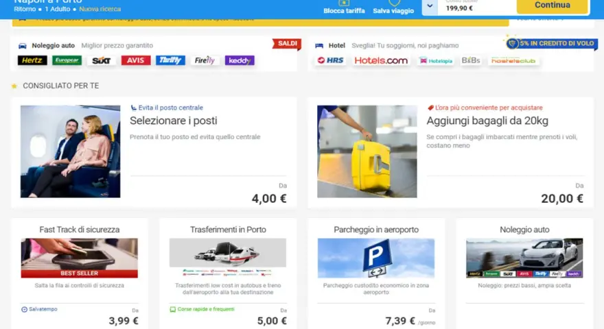 Offerte per migliorare il viaggio: posti, bagagli, fast track, trasferimenti, parcheggio e noleggio auto. Un esempio di cross selling traduzione.