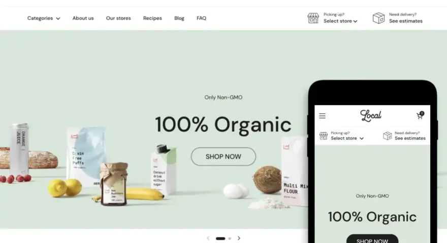 Sito web di alimenti biologici con prodotti freschi e naturali. Ideale per chi cerca temi Shopify gratis per un e-commerce salutare.