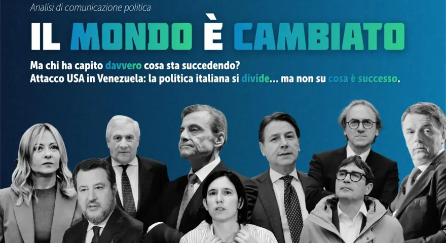 Volti della politica italiana sotto il titolo "Il mondo è cambiato". Analisi di comunicazione politica che riflette sulle divisioni.