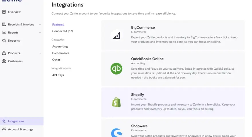 Schermata di integrazione Zettle, con opzioni per Shopify, BigCommerce e QuickBooks.