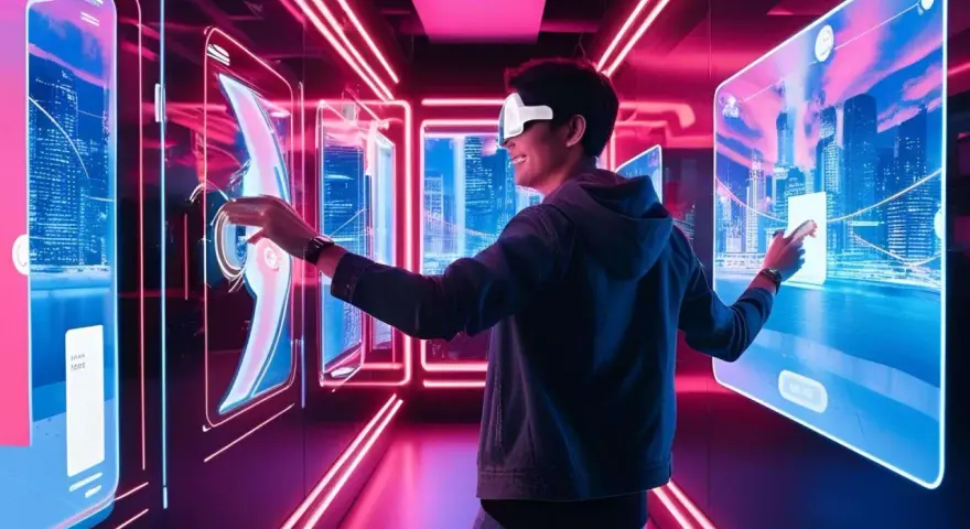 Un uomo con visore VR interagisce con schermi luminosi, esplorando il **phygital significato** in un corridoio futuristico.