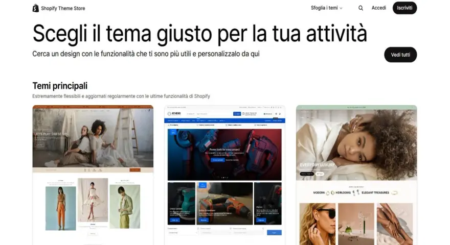 Scopri i temi per la tua attività Shopify: design moderni e funzionali per ogni esigenza.