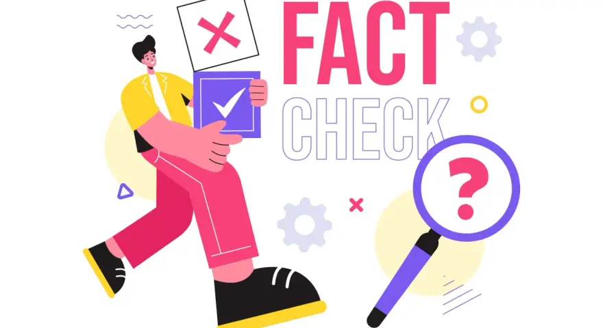 Uomo con cartelli "X" e spunta, simbolo di "fact checkers significato". Lente d'ingrandimento con punto interrogativo.