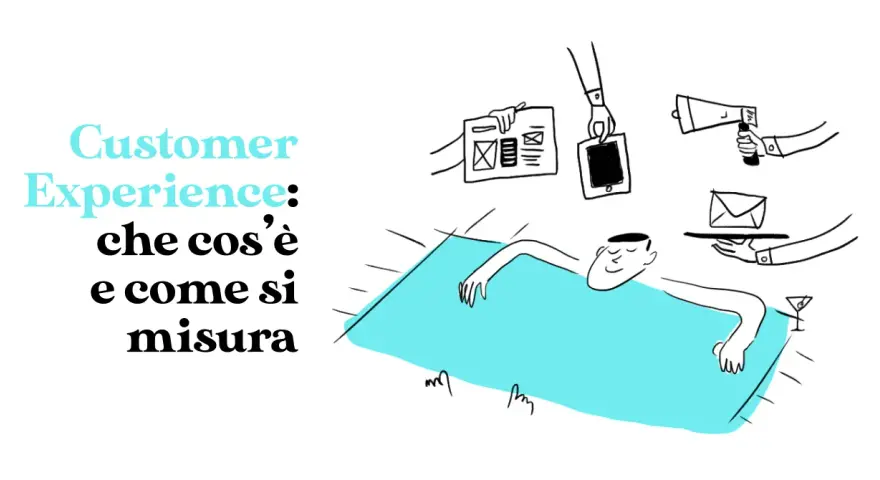 Customer Experience: che cos'è e come si misura. Un uomo rilassato su un lettino blu, circondato da mani che offrono dispositivi digitali e comunicazioni, per una perfetta digital experience.