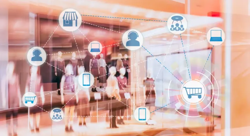 Icone di un negozio, carrello, cuffie e dispositivi connessi in una vetrina, che illustrano il retail significato.
