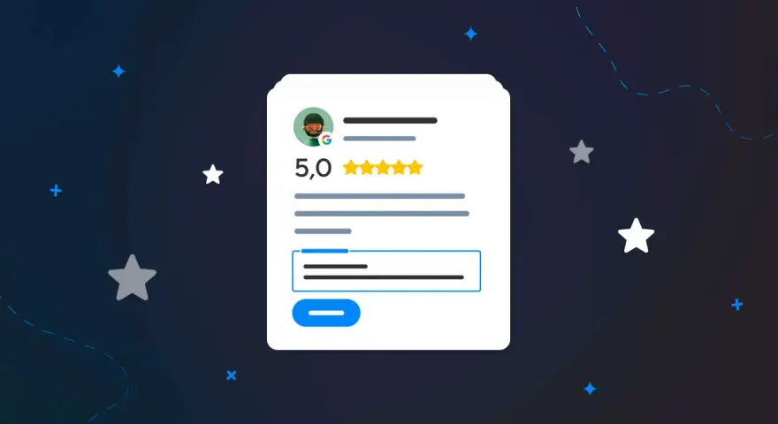 Interfaccia di un'app per recensioni con valutazione 5 stelle e un utente stilizzato.