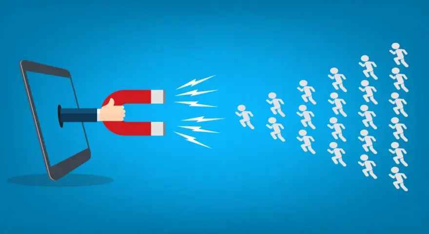 Un magnete esce da uno smartphone, attirando una folla di persone. Efficace viral marketing!