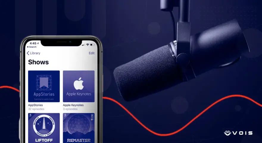 Microfono da podcast e interfaccia di un'app per ascoltare "AppStories" e "Apple Keynotes". L'etimologia del podcast è esplorata in ogni episodio.