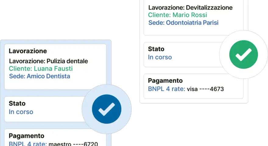 Dettagli lavorazioni dentistiche: pulizia per Luana Fausti e devitalizzazione per Mario Rossi. Le recensioni qomodo confermano l'efficienza.