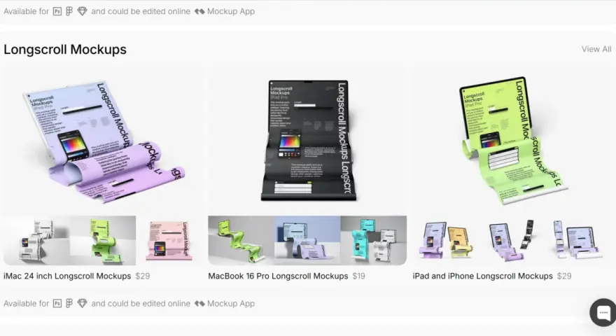 Mockup esempi: vari set di mockup "longscroll" per iPad, MacBook e iMac, con design accattivanti e colori vivaci.