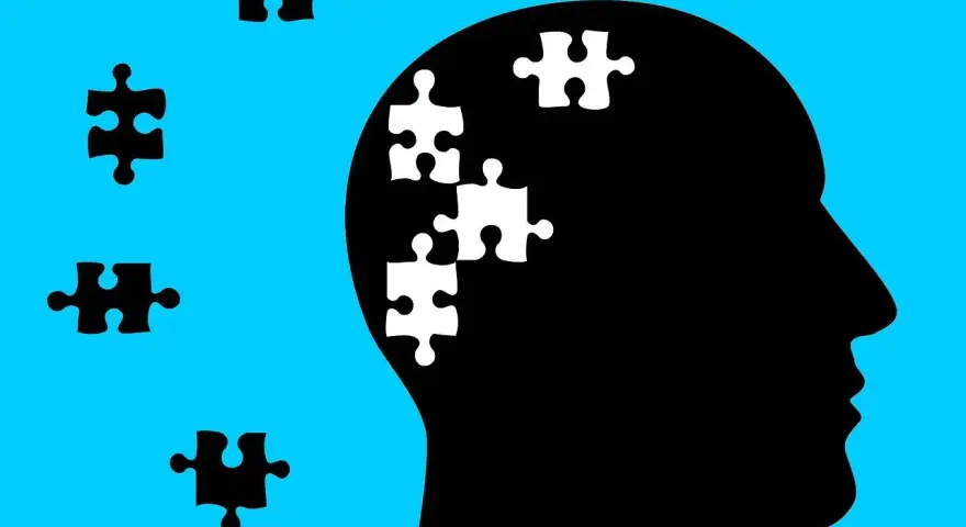 Silhouette di testa con pezzi di puzzle bianchi all'interno, che simboleggiano l'economia dell'attenzione.