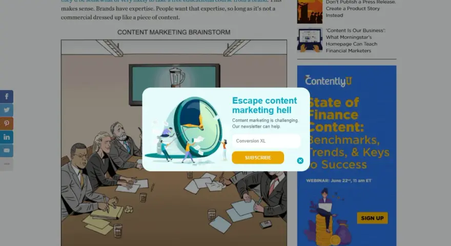 Un pop-up con un orologio e persone che lavorano su fogli di carta, invita a iscriversi per sfuggire all'inferno del content marketing.