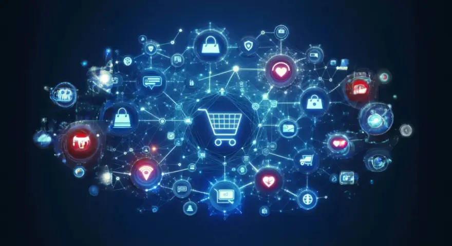 Rete di icone digitali con carrello al centro, che illustra i vantaggi e-commerce: acquisti, pagamenti sicuri, spedizioni e connessioni globali.