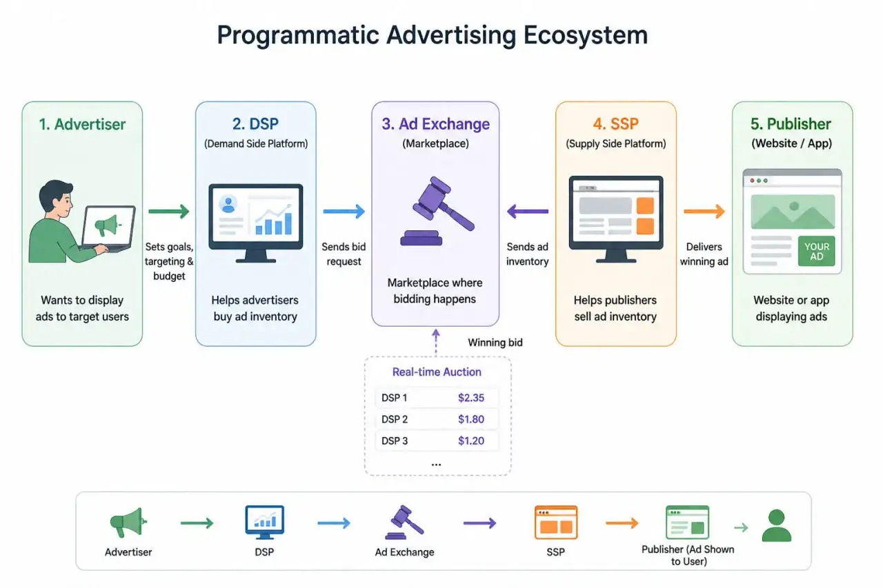 Schema dell'ecosistema di pubblicità programmatica: Advertiser, DSP, Ad Exchange, SSP e Publisher interagiscono in un'asta in tempo reale per mostrare annunci mirati.
