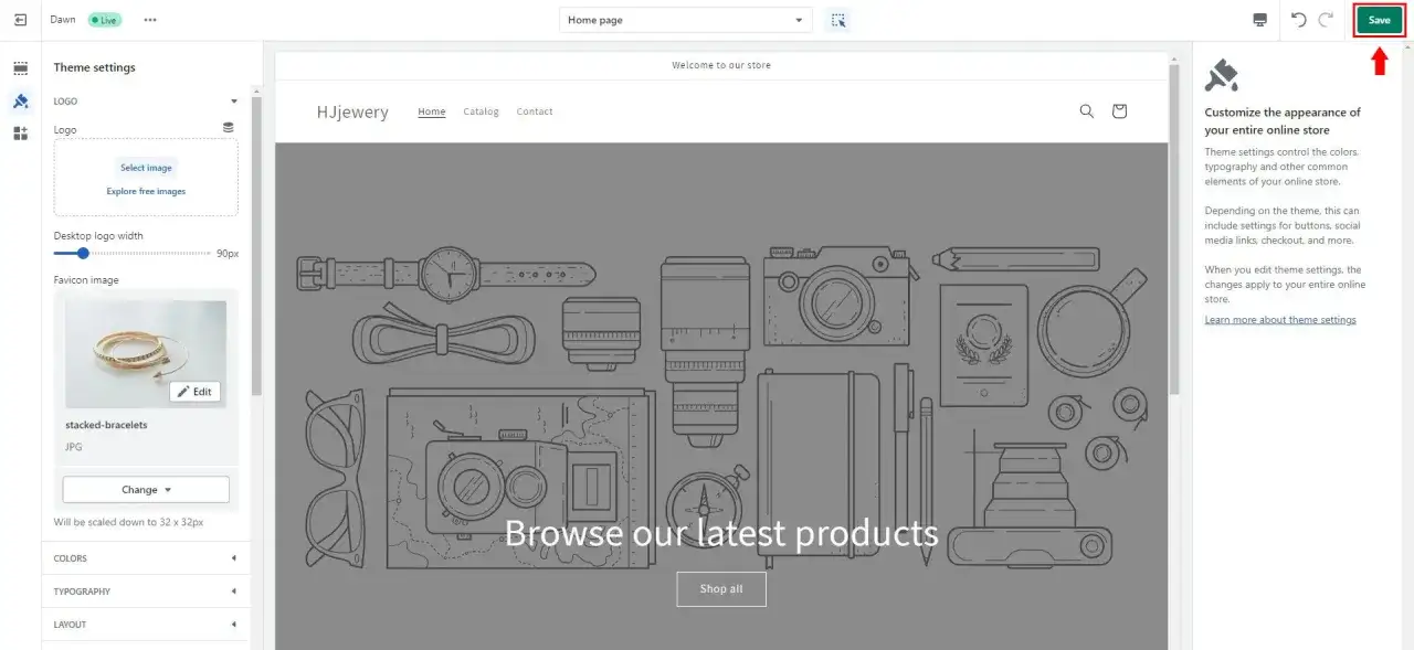 Impostazione del favicon per il tuo shop Shopify. L'immagine mostra la sezione 
