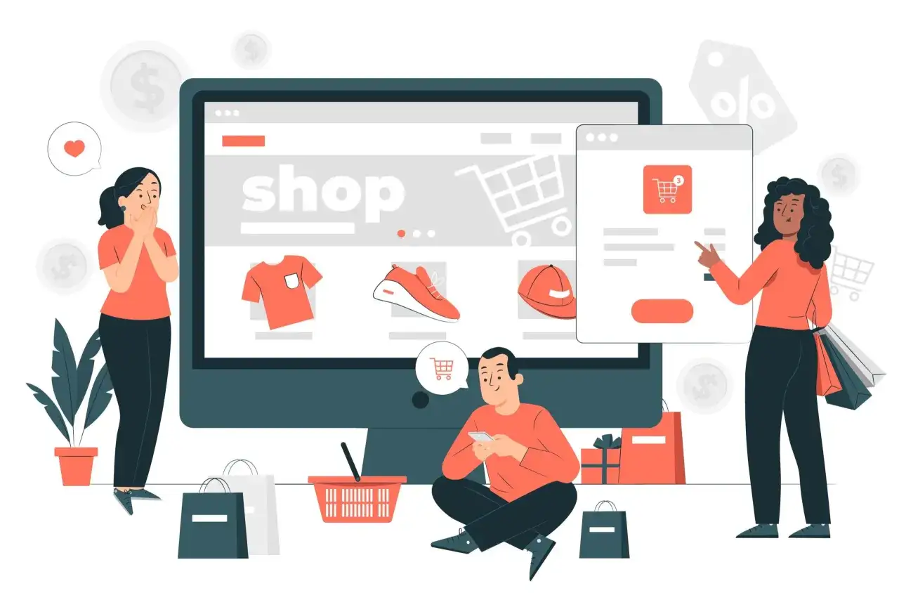 Persone che acquistano prodotti su un sito di e-commerce, con icone di carrelli e borse della spesa.