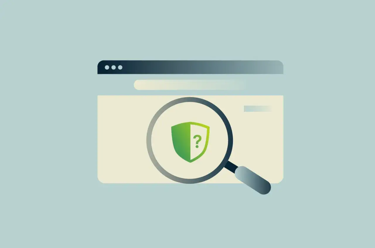 Lente d'ingrandimento su uno scudo con punto interrogativo, simbolo di verifica sito online.