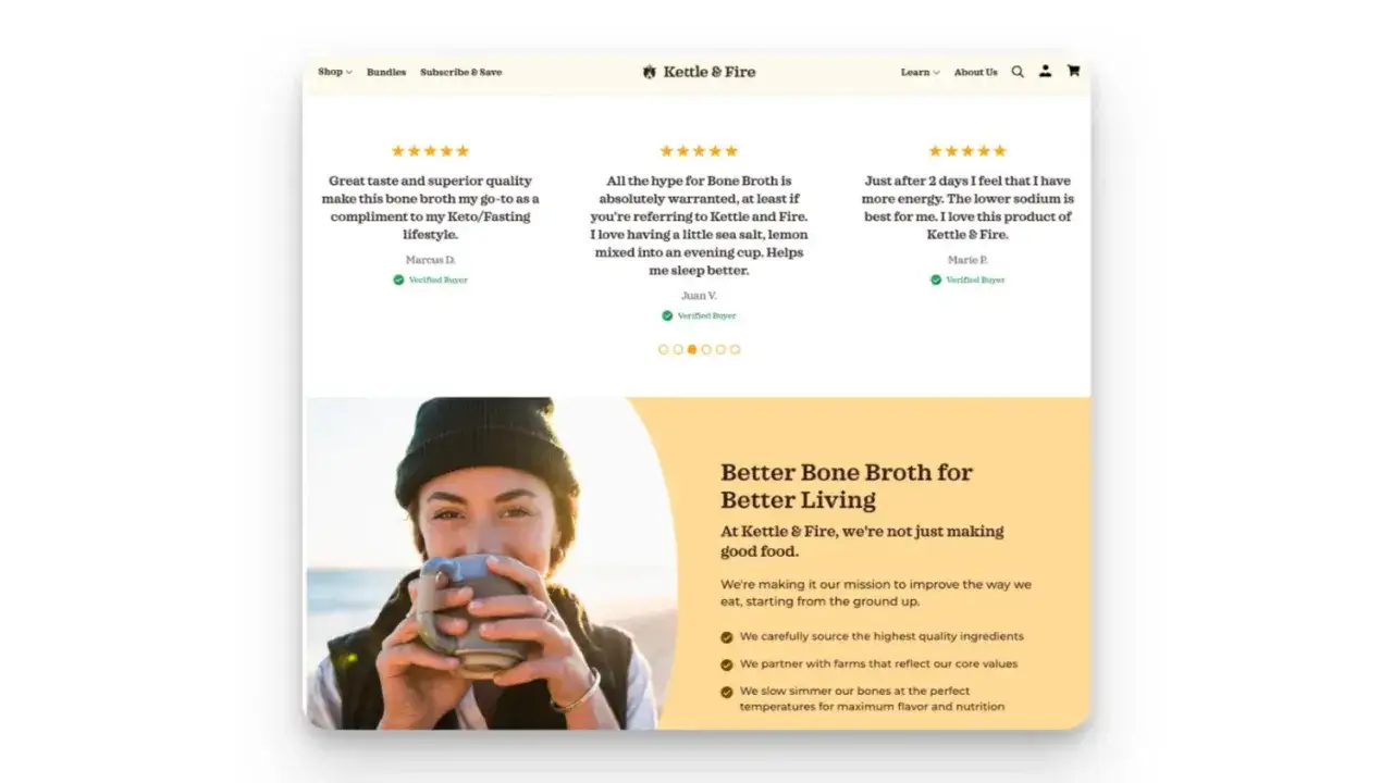 Recensioni positive per brodo di ossa Kettle & Fire, ottimo per uno stile di vita keto. Ottimo per il Shopify SEO.