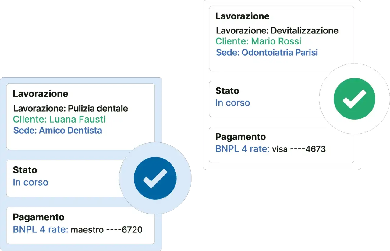 Dettagli lavorazioni dentistiche: pulizia per Luana Fausti e devitalizzazione per Mario Rossi. Le recensioni qomodo confermano l'efficienza.