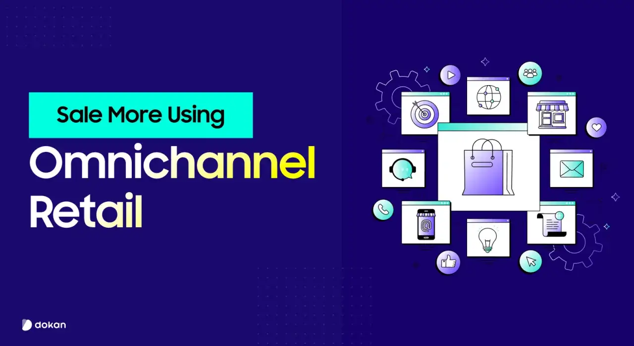Vendite potenziate con Omnichannel Retail. Icone grafiche illustrano il significato di retail integrato: negozio, carrello, email, telefono, web.