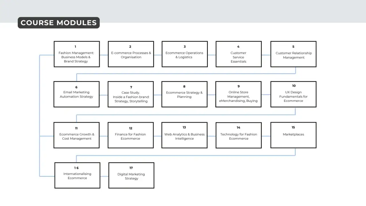Schema di moduli per corsi di Shopify: dalla gestione della moda all'automazione del marketing e all'UX design.