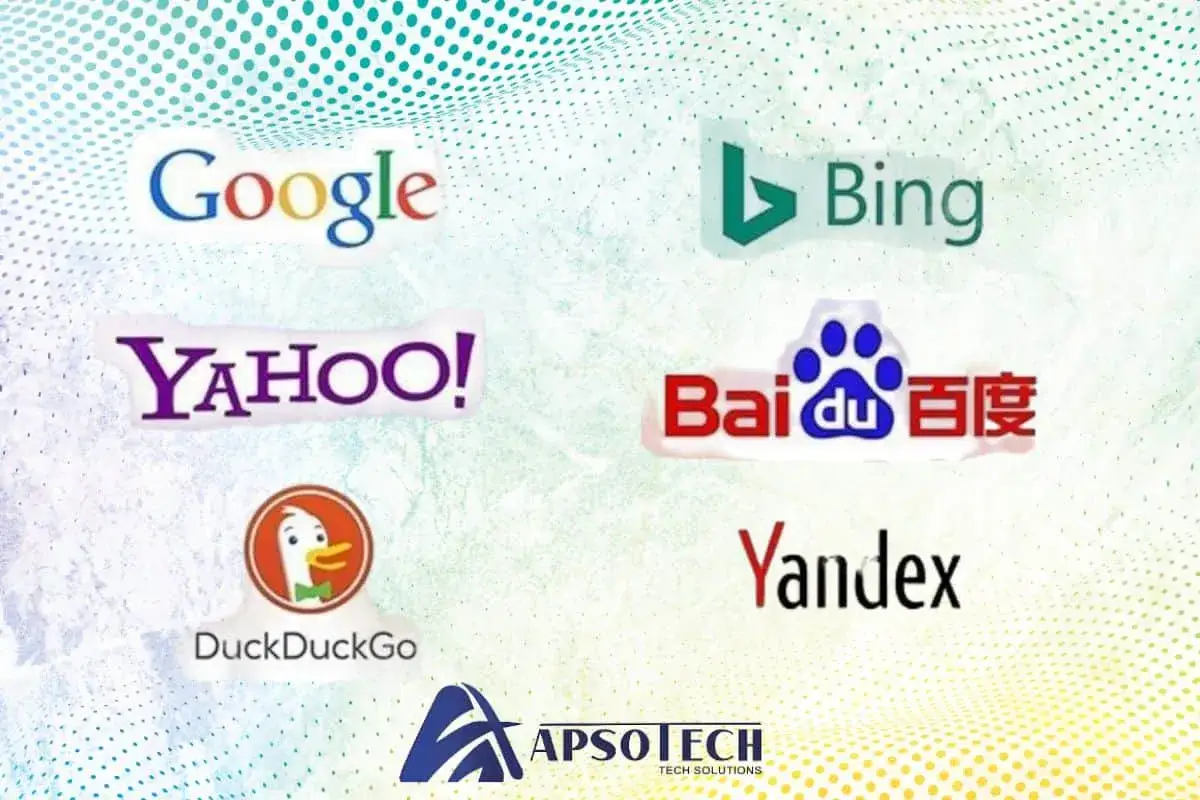 Loghi di Google, Bing, Yahoo, Baidu, DuckDuckGo e Yandex, alcuni dei principali motori di ricerca.