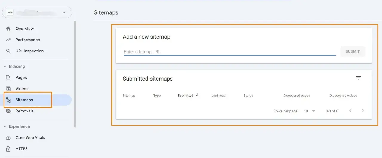 Pagina di gestione dei sitemap di Google Search Console, con opzione per aggiungere un nuovo sitemap e lista dei sitemap inviati.