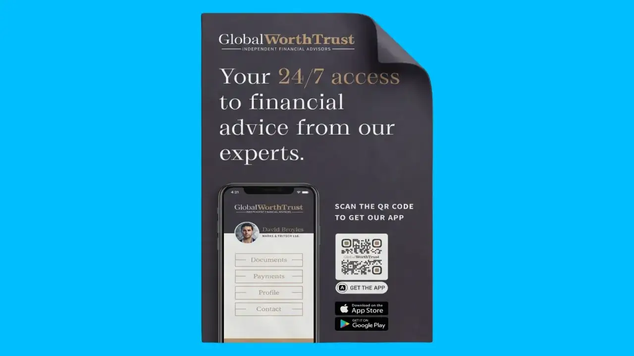 Un QR code invita a scaricare l'app Global WorthTrust per consulenza finanziaria 24/7.